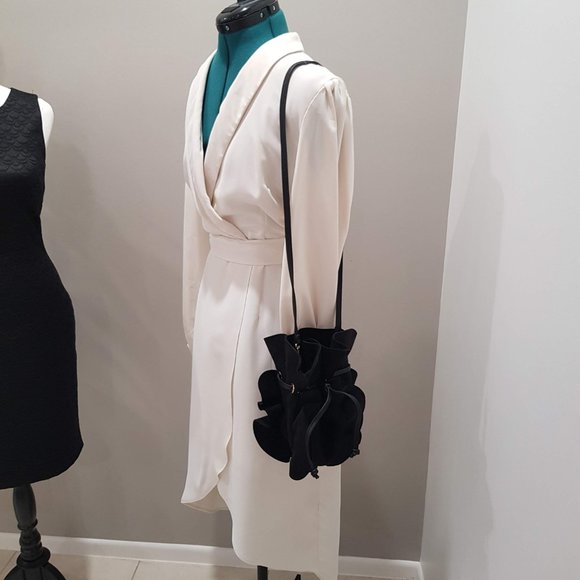 SEED Black Suede Like Ruffled Drawstring Bucket Bag - Picture 4 of 11